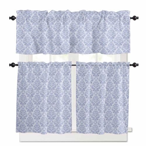 Blue Baroque Kitchen Curtains 24 Inch Length, 3 Piece Rod Pocket Small Half Tiers and Valance Set, Luxury Middle Century Scroll Flowers Small Large Window Treatment Decor for Bedroom/Bathroom Sink