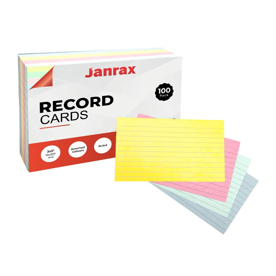 Pack of 100 Assorted Colour Ruled 5x3 Record Cards – Lined Study Index Cards for Notes, Revision