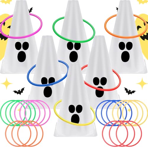 24 PcsHalloween Ring Toss Game Outdoor Carnival Party Games Include 6 Plastic Cones 18 Toss Rings for Halloween Party Games Indoor Outdoor Yard ActivitiesWhite