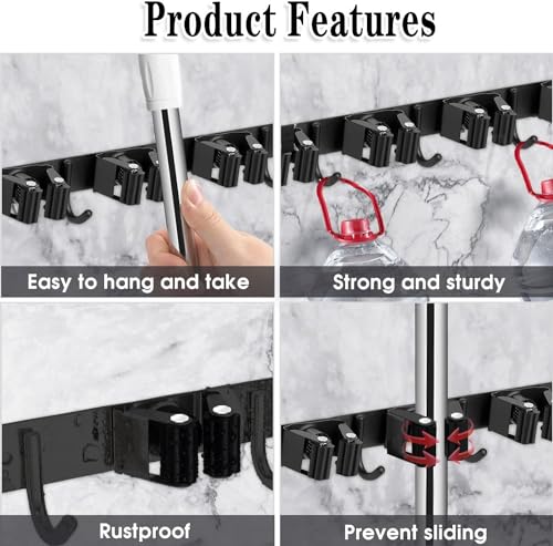 Black 5 Racks and 4 Hooks Mop and Broom Holder Wall Mount, Broom Organizer Storage Tool Racks Stainless Steel Heavy Duty Hooks Self Adhesive Solid Non-slip for Home Kitchen Garden Laundry Garage by AceMining - Used condition - US$14.14