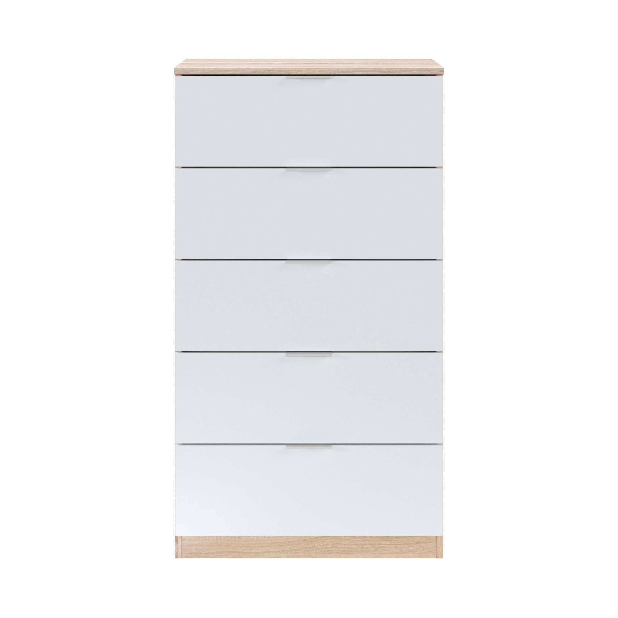 Dmora - Cassettiera Mesquite, Settimanale a 5 cassetti, Mobile Comò per camera da letto, Settimanale moderno, 60x40h110 cm, Rovere e Bianco