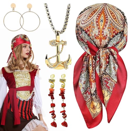 Accesorios de Disfraz Pirata Mujer,4 Piezas Complementos Disfraz de Pirata Mujer,Accesorios piratas Para Pañuelo,Juego de accesorios de disfraz de pirata medieval,D-isfraz P-irata mujer para Carnava