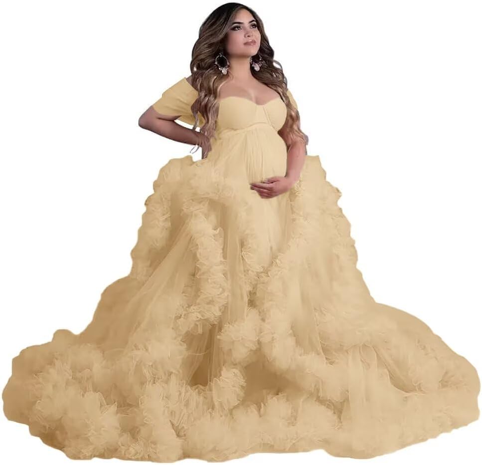 Off Shoulder Tulle Maternity Dresses for Photoshoot Puffy Ruffles Bathgown Long Bridal Robe Baby Shower Dress