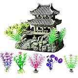 HNJKJEU Ornamente für Aquarien, Aquarium Deko Steinburg, 20x10x16CM, 5 Stück Kunststoff Wasserpflanzen Aquarium Pflanze mit Harz Turm dekorative Brücke Landschaft für Fisch Tank Ornament Dekoration