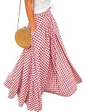 Mansy Classic Plaid Long Skirt Women's High Waisted A Line Gingham Skirt, Pleated Flared Summer Swing Maxi Skirt Red-M
