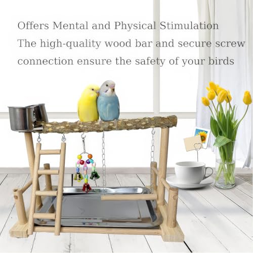 Image of Natural Wood Bird Perch Stand, Wooden Parrot Perch Stand Fork Toys Hanging Multi-Branch Rope Perch Platform Hammock Swing Toy Chewing Stick Cage Accessories