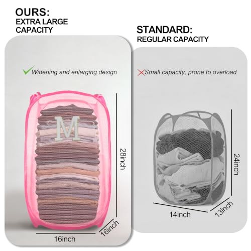 Image of Collapsible Pop Up Laundry Hamper, Extra Large with Removable Initial Letter M, Mesh Foldable Laundry Basket, 28 inch x 16 inch x 16 inch (Pink)