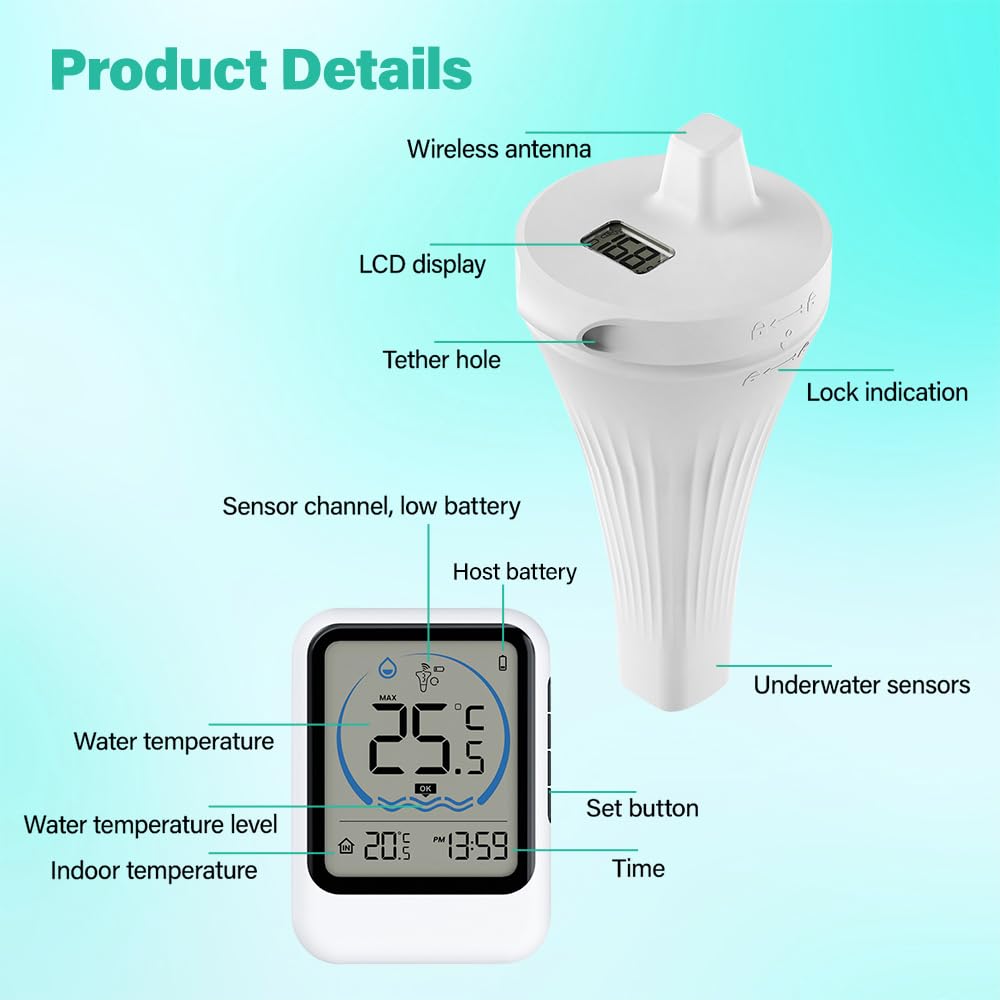 Thermomètre Piscine, Thermomètre de Piscine Flottant sans Fil Radio avec Moniteur, Étanchéité IP68 – Pour Baignoires, Aquariums, Piscines et Bassins