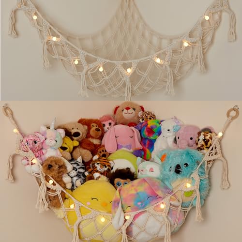 Image of Stuffed Animal Storage Macrame Hammock w/String Lights, Large - Boho Room Decor Toy Storage - Corner Hanging Plushie Stuffed Animal Net Organizer (White)
