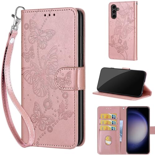 KENHONER Wallet Case for Samsung Galaxy S24 Plus 6.7 inch Rose Gold Butterfly