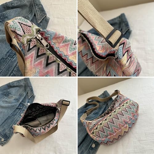 Image of Crescent Crossbody Bag for Women, 2024 Nylon Bohemian Hobo Hippie Gothic Purse, Boho Sling Shoulder Bag for Shopping Work