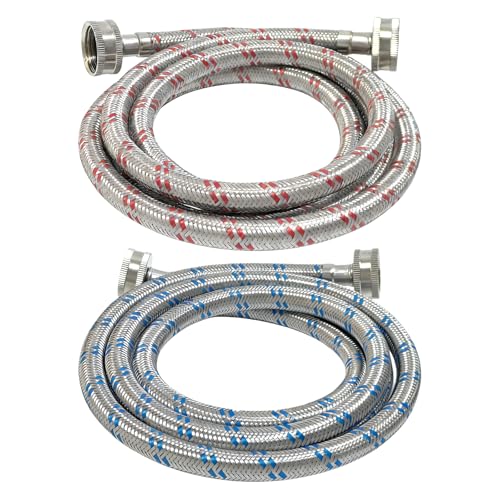 10 Ft Washing Machine Hoses 2 Packs Premium Stainless Steel Washer Hoses Burst Proof Hot and Cold Striped Water Supply Hoses with 3/4 Standard Interface fit for ALL Washer