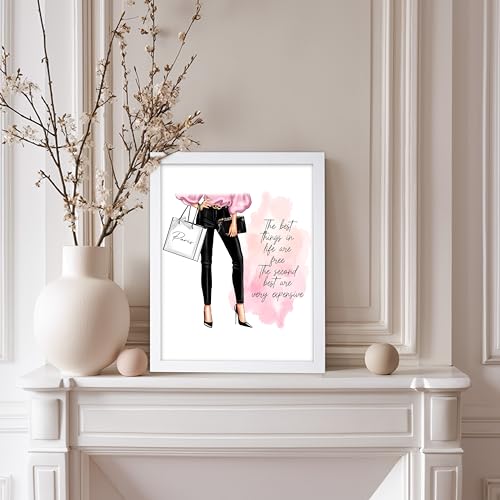 Image of Poster Master The Best Thing In Life Are Free Poster - Fashion Print - Trendy Art - Modern Art - Gift for Women & Fashionista - Funny Glamour Decor for Bedroom or Girl's Room, 11x14 White Framed