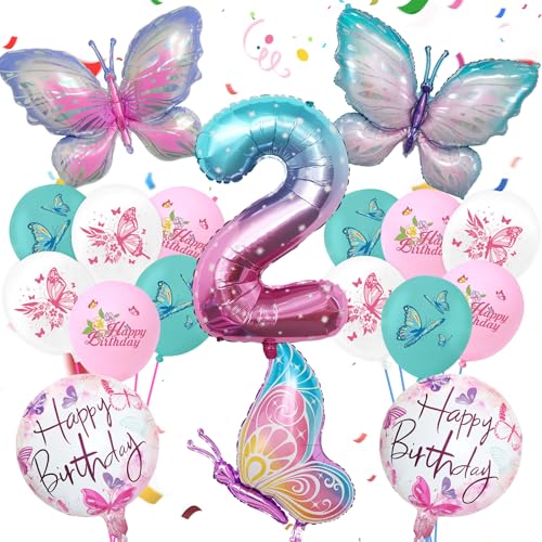 Decoración Cumpleaños Mariposa Niña 2 Años, Juego de Globos de Mariposa, Globo Número 2, Globos de Papel de Aluminio, Decoración de Cumpleaños Infantiles, Kit Fiesta Niña 2 Años