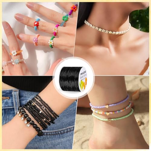 Image of PAXCOO 1.4 MM Elastic String for Bracelets, Stretch Magic Elastic String Bead Cord Jewelry Thread for Friendship Bracelet, Necklaces, Clay Beads, Pony Beads (Black)