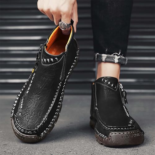 Men's Leather Walking Shoes, Workwear Vintage Old Fashioned Texture Design, Mid Top Men's Casual Shoes Short Boots,Reinforced Stitched Sole, Soft, Comfortable, Non-Slip, Durable4