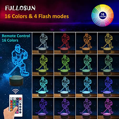 Image of FULLOSUN 3D Night Lights Ice Hockey Athlete 3D Illusion Bedside Lamp 16 Colors Changing with Remote Control Best Birthday Gifts for Men Women