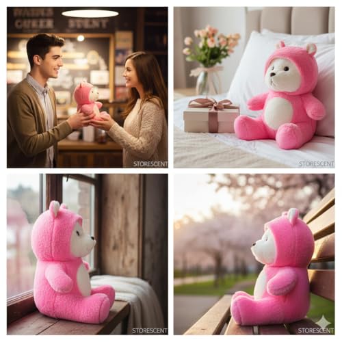 Image of Storescent Hooded Teddy Bear Plush Toy | Soft & Cute Stuffed Animal Toy for Hugging for Kids & Loved Ones - Dark Pink 45cm