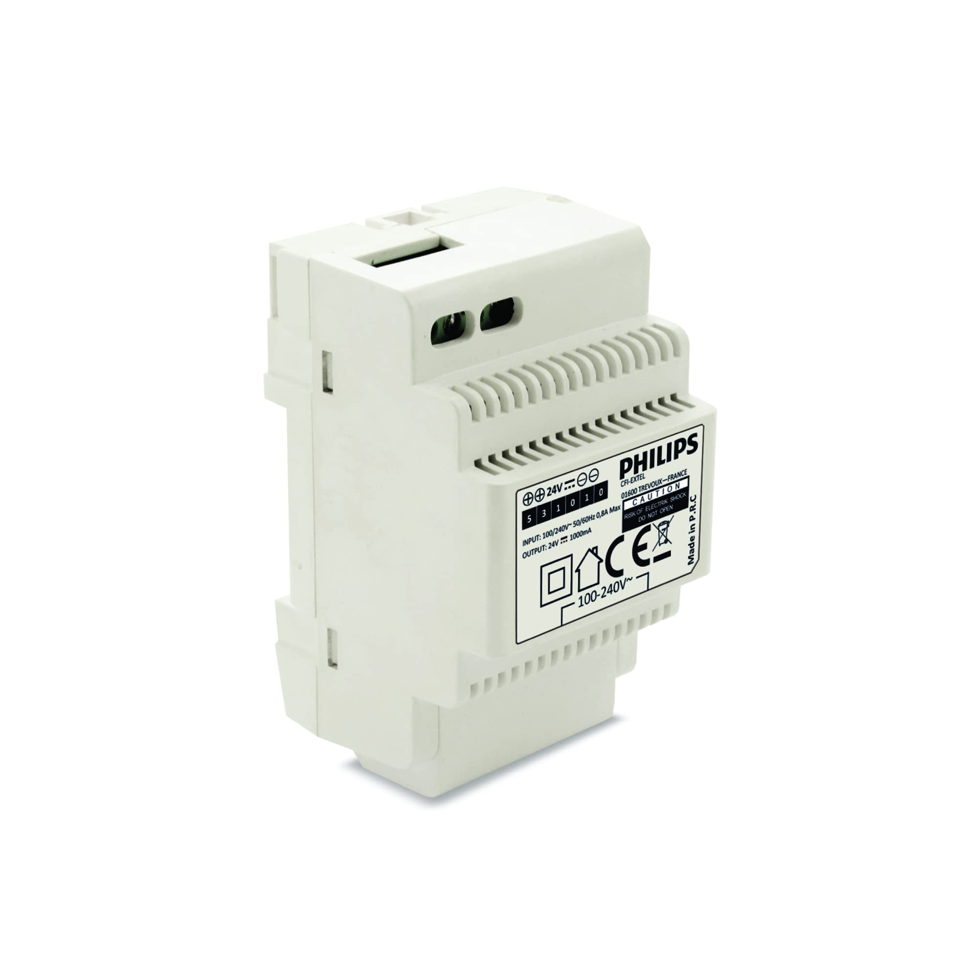 Philips Transformador, Fuente de Alimentación para Videoportero e Interfono | De 100-240 V AC a 24 V DC 1 A, 3 módulos DIN, montaje mural opcional, uso interior y compatibilidad WelcomeEye seleccionada.