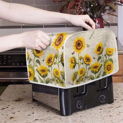 Image of 4 Slice Toaster Cover with Handle, Universal Fits, Sunflower Dragonfly Retro