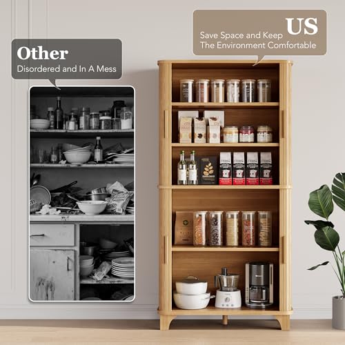 Image of Decofy 69 inch Tall Kitchen Pantry Storage Cabinet with Sliding Door, Modern Curved Edge Pantry Storage Cabinet with 5 Shelves, Cupboard for the Kitchen, Dining Room, Bedroom, Living Room, Office (Oak)