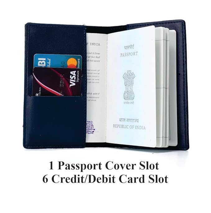 Image of Personalized Passport Cover with Name & Charm, Tan Travel Passport Holder for Men & Women, Premium Leatherette Case for Documents & Cards (Navy Blue)