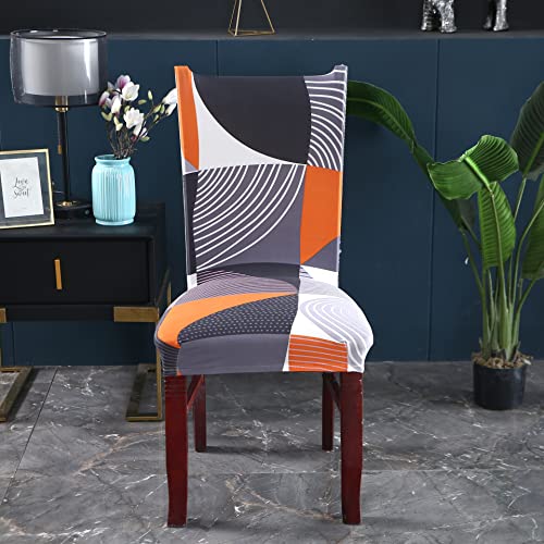 Image of House of Quirk Elastic Chair Cover Stretch Removable Washable Short Dining Chair Cover Protector Seat Slipcover (Pack of 1, Grey /Orange Abstract)