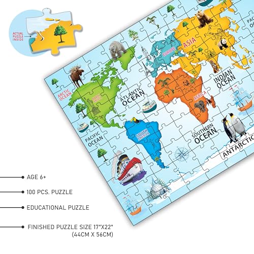 Image of Ankit Toys & Games 100-Piece Jigsaw Puzzles for Kids Ages 6+, Educational and Engaging Geography Puzzle with Vibrant Map Learning (Continents & Oceans Explore The World)