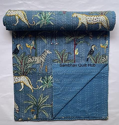 Handblock Jungle Tiger Print Handmade Cotton Kantha Quilting Throw Blanket Hippie Queen/King Size Bohemian Animal Block Kantha Quilt (Blue)