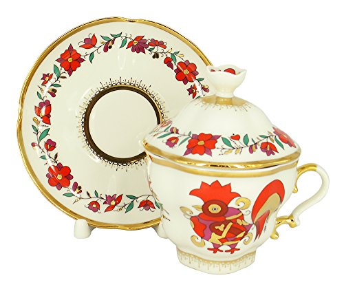 Lomonosov Porcelain Covered Cup Set Gift-2 Red Rooster 8.45 oz/250 ml
