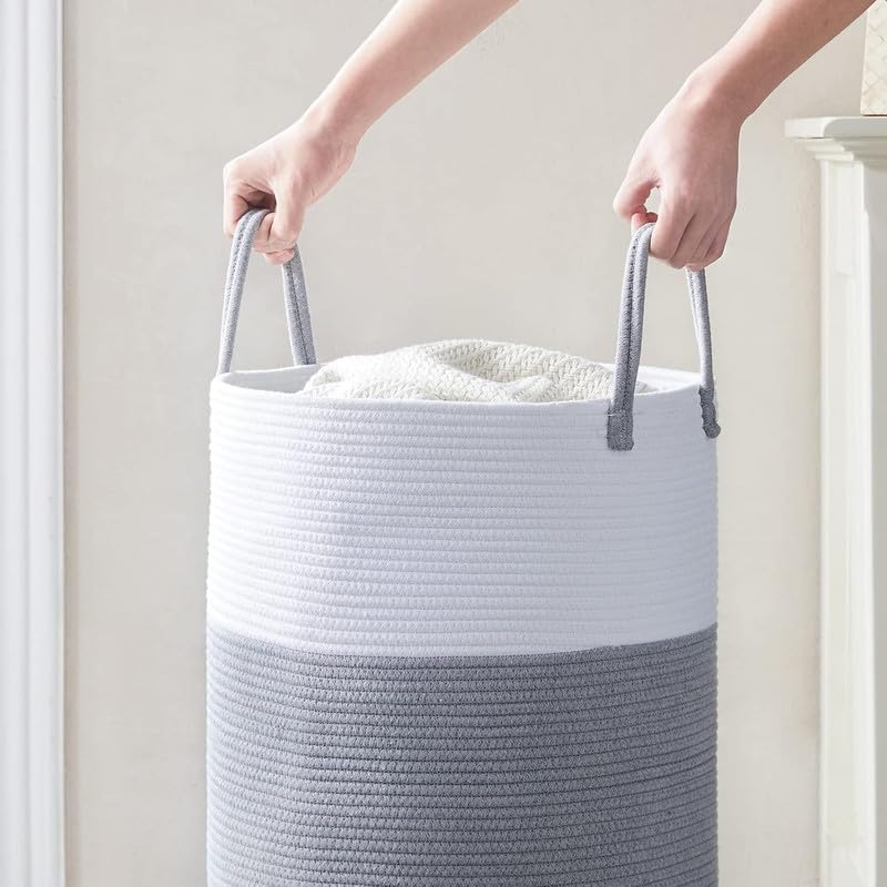 Image of SHAGCRAFT Storage Rope Laundry Hamper Basket for Clothes, Towels and Blankets in Livingroom, Bedroom, Laundry Room and Basket for Nursery Storage (Size - 15 inch x 15 inch x 18 inch) (Grey White)