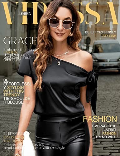 VIDUSSA Women's Off Shoulder Silk Tops Casual Short Sleeve Asymmetrical Neck Satin Blouse Shirts2