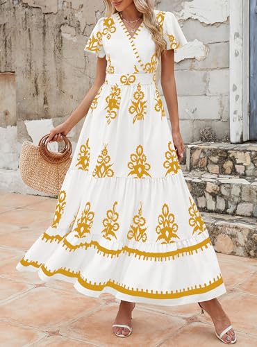 Image of PRETTYGARDEN Womens 2026 Summer Casual V Neck Boho Maxi Dress Flowy Aline Bell Sleeve Tiered Floral Dresses with Pocket