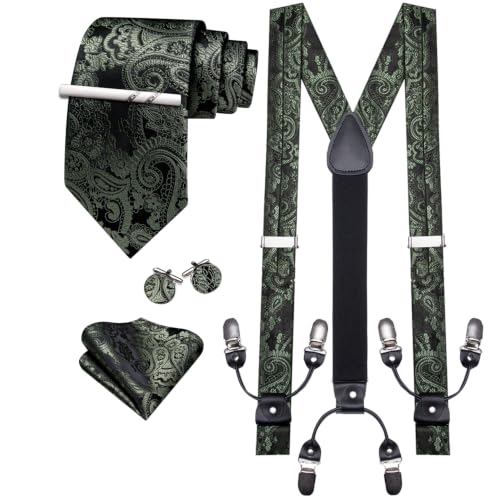 Image of Barry.Wang Men Suspender Set with Necktie Elastic Y Type Heavy Duty 6 Clips Braces Tie Handkerchief Cufflink Pin 6PCS