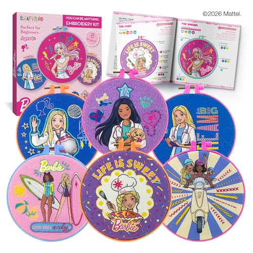 CRAFTILOO x Barbie Embroidery Kit for Kids Ages 8-12 Beginner Craft Kit with 8 Designs 2 Hoops Thread & Needles Arts and Crafts Gift for Girls
