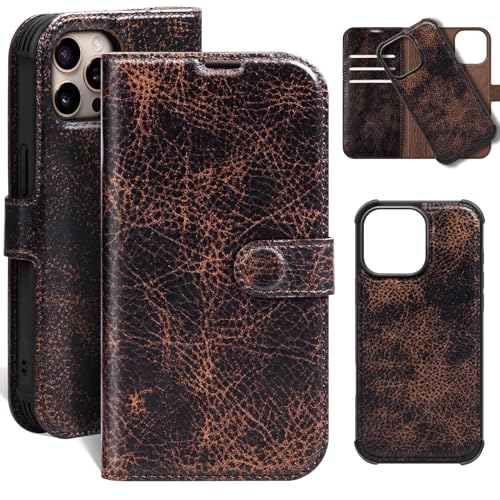 Étui portefeuille en cuir véritable pour iPhone 14 Pro marron café