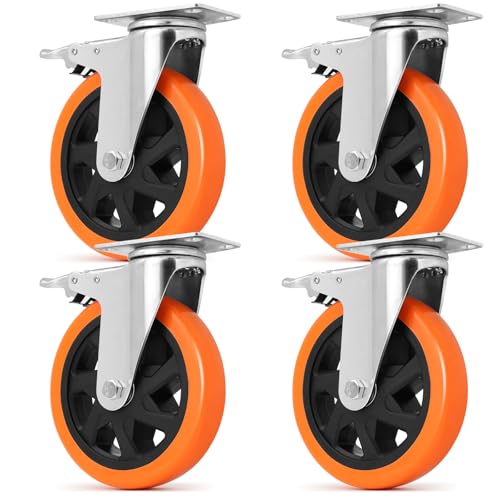 W B D WEIBIDA 6 inch Caster Wheels with Dual Locking, Casters Set of 4 Heavy Duty of 2400lbs, Premium Polyurethane No Noise Wheels for Cart, Workbench and Furniture