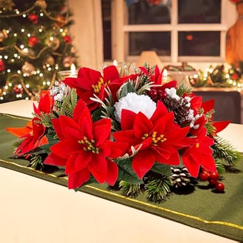 DEEMEI Artificial Christmas Flowers Poinsettias Floral Balls Centerpiece Fake Poinsettia Xmas Arrangement for Table Runner Home Decorations Cover