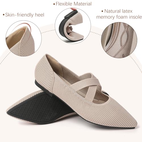 Image of TINGRISE Womens Mary Jane Flats Knit Ballet Flats for Women Pointed Toe Dressy Comfortable Slip-On Flats Shoes for Work Casual