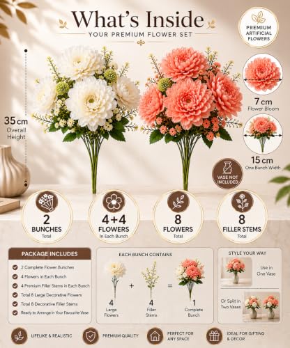 Image of Divyakosh Artificial Flower Bunch Set of 2 (Vase Not Included) | White + Coral Peach| 8 Large Flowers, 8 Filler Stems | 35 cm Decorative Artificial Flowers for Home, Living Room & Table Decor