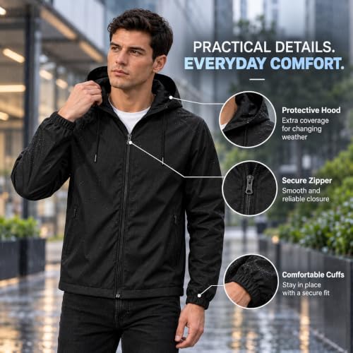 Image of MIA FASHION Men's Hooded Waterproof Rain Jacket Lightweight Wind Resistant Jacket with Zipper Pockets for Bike Riding, Travel & Outdoor Use