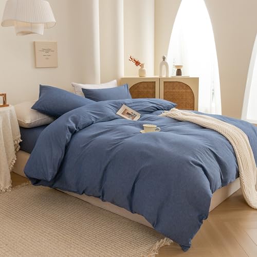 Image of ECOCOTT Denim Blue Duvet Cover Queen Size, 100% Washed Cotton 1 Duvet Cover with Zipper and 2 Pillowcases, Ultra Soft and Easy Care Breathable Cozy Bedding Set (Denim Blue, Queen)