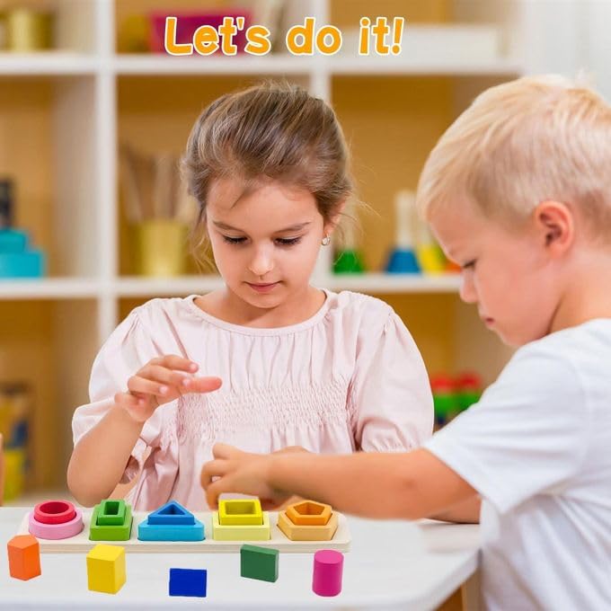 Image of SHINETOY 5-in-1 Shapes Stacker Wooden Building Blocks | Montessori Sorting & Stacking Toy for 1-3 Year Olds | Educational Color & Shape Learning Gift