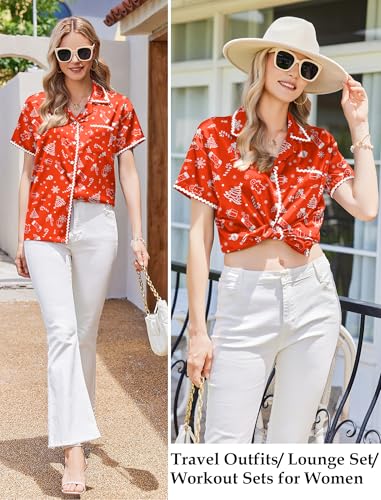 Image of Ekouaer Womens Silk Pajama Sets 2 Piece Satin Pj Set Button Down Shirt and Shorts Lounge Sets Classic with Pockets