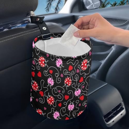 Image of Renewold Car Trash Can Ladybug Print Car Trash Bag Hanging with Adjustable Straps Foldable and Portable Garbage Bin Bedroom Camping Picnic Hiking Beach Storage Orgainzer Desktop Bag Waterproof