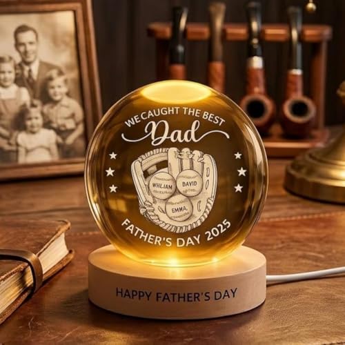 Image of Personalized Baseball Dad Night Light, Custom Sports Dad Gift, We Caught The Best Daddy Crystal Ball Lamp, Fathers Day Gift from Kids, Custom Fathers Day Gift