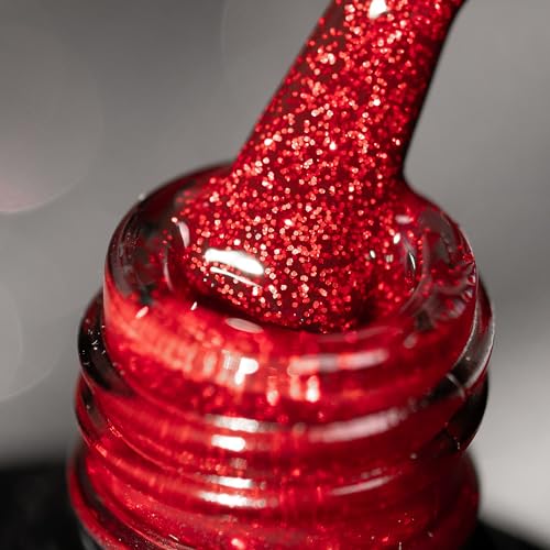 BURANO Glitter Gel Nail Polish LED UV Nail Gel Shimmer Holographic Effect Soak off Gel Curing Required No Chip Gel Polish Home DIY Nail Salon (Shimmer Red LP32)