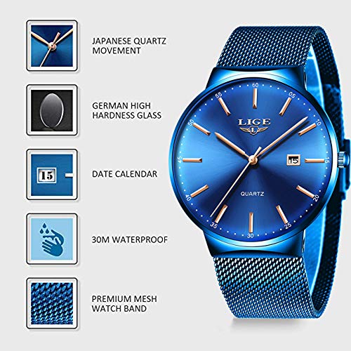 LIGE Relógios masculinos modernos esportivos à prova d'água de malha de aço inoxidável, relógio de