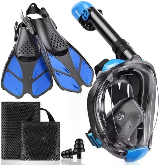 Viginsul Mask Fins Snorkeling Gear for Adults, Full Face Snorkel Mask & Adjustable Swim Fins Snorkel Set, Panoramic View Snorkel Mask Dry Top Anti-Fog Anti-Leak Black Blue L/XL mask+L/XL fins