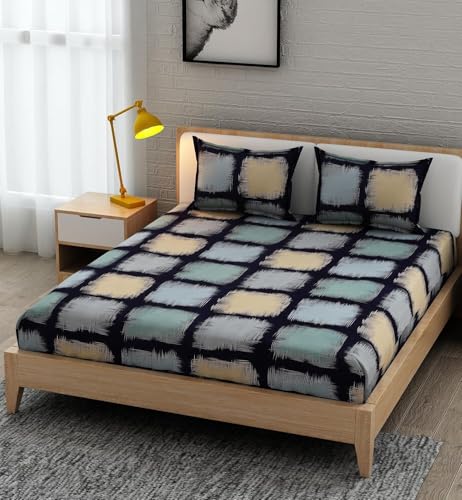 Image of 350 TC Premium Heavy Cotton Feel Elastic Fitted Bedsheet King Size with 2 Pillow Covers || Double Bed with All Around Elastic (Navy Blue., Fitted Queen-60x78)